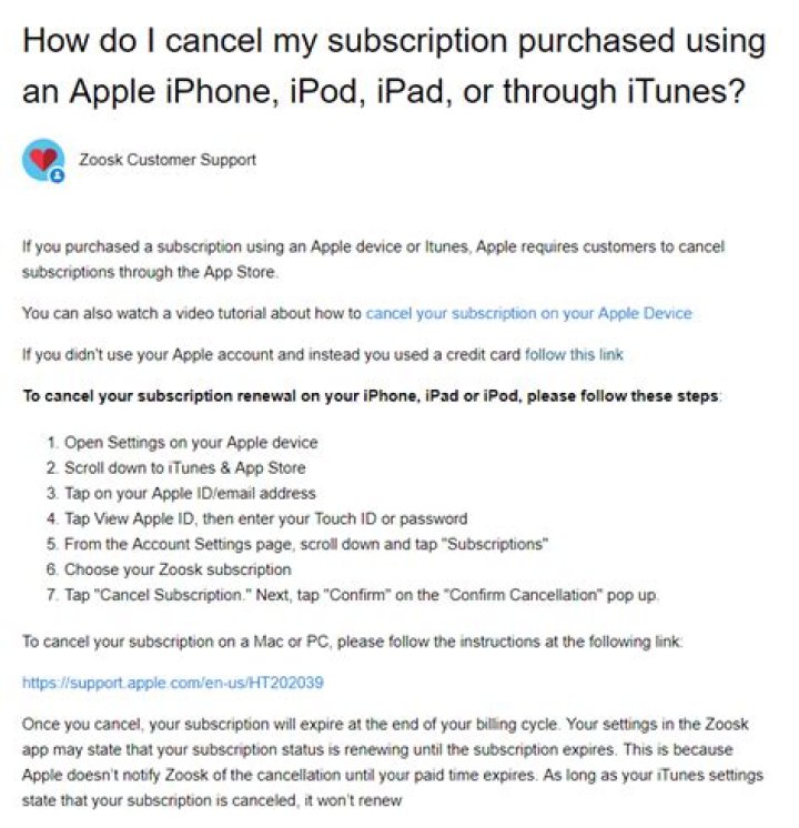 How do I cancel my Zoosk subscription on my iPhone?