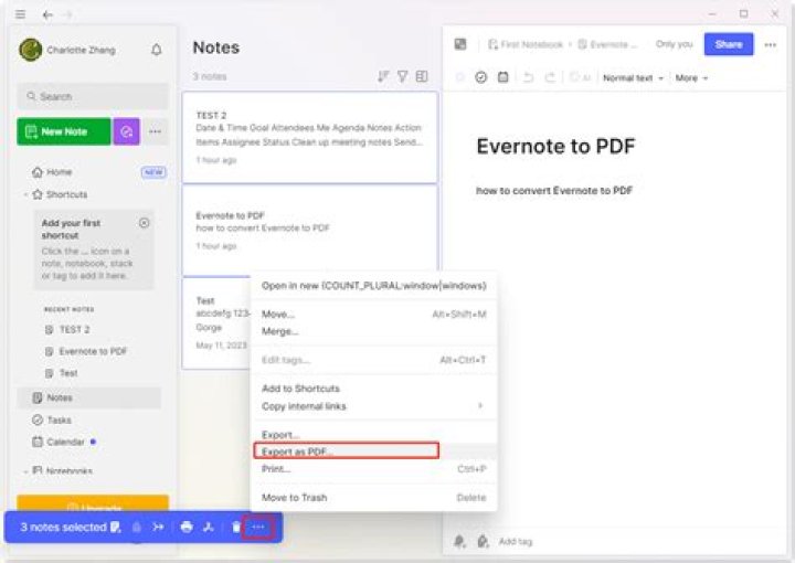 How do I export Evernote notes to PDF?