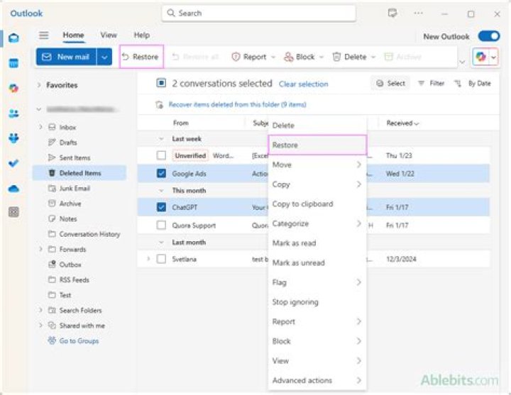 How do I retrieve a lost folder in Outlook 2010?
