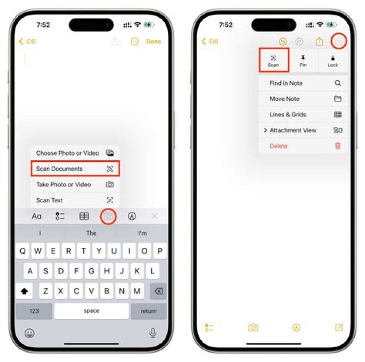 How do I scan pictures into my iPhone notes?