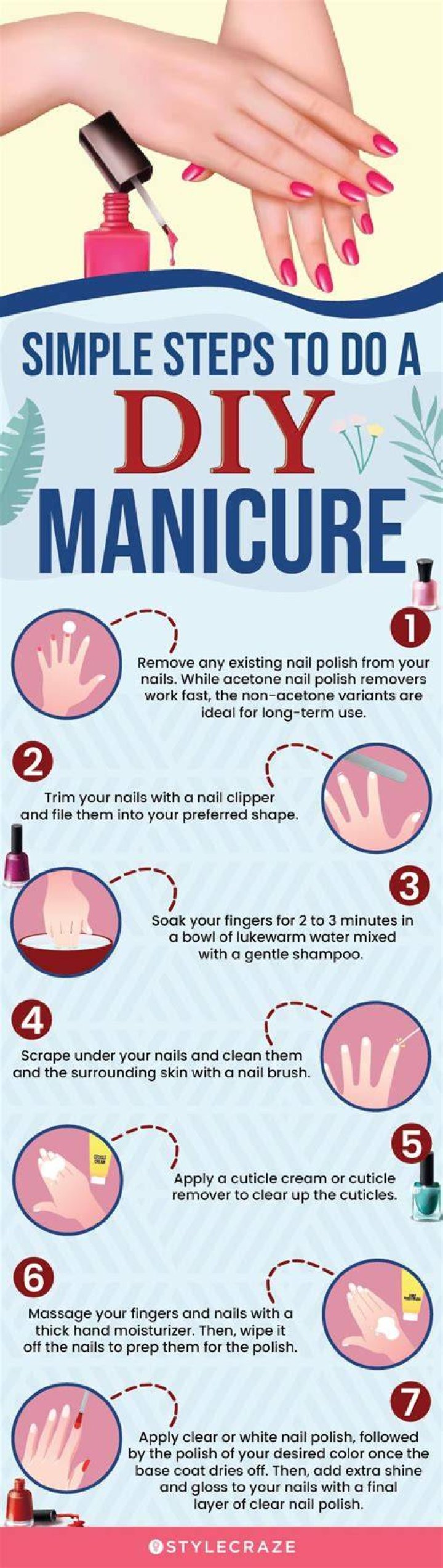 What are the steps in a manicure?