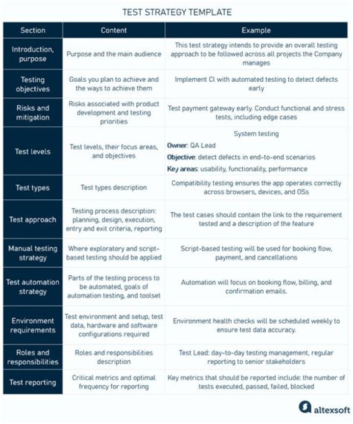 What should a test strategy document contain?