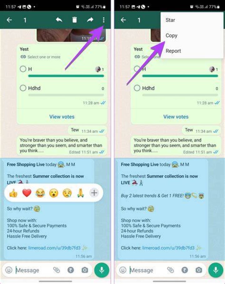 Where do copied messages go on WhatsApp?